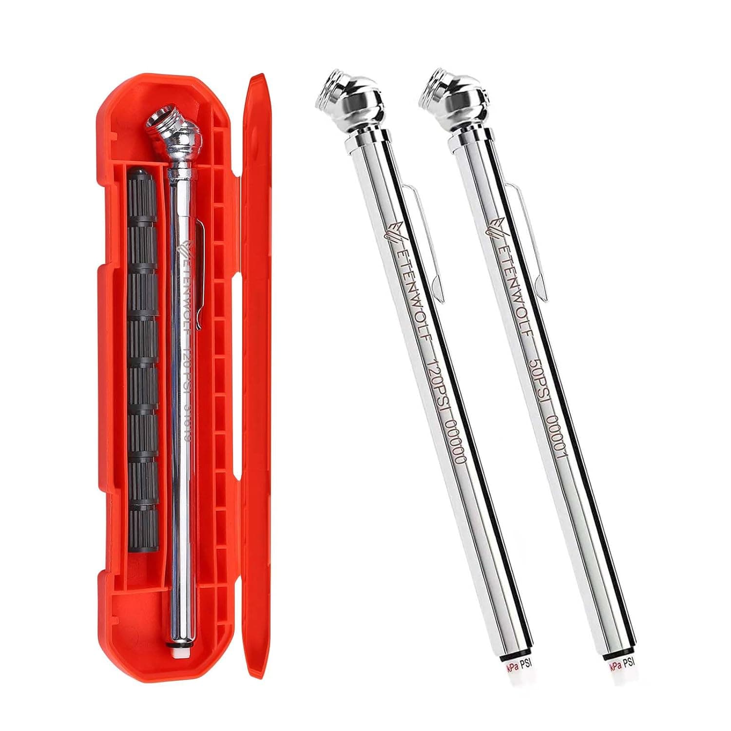 ETENWOLF Pencil Gauge, 2-pack, 10-50 and 20-120 PSI, product photo from the listing