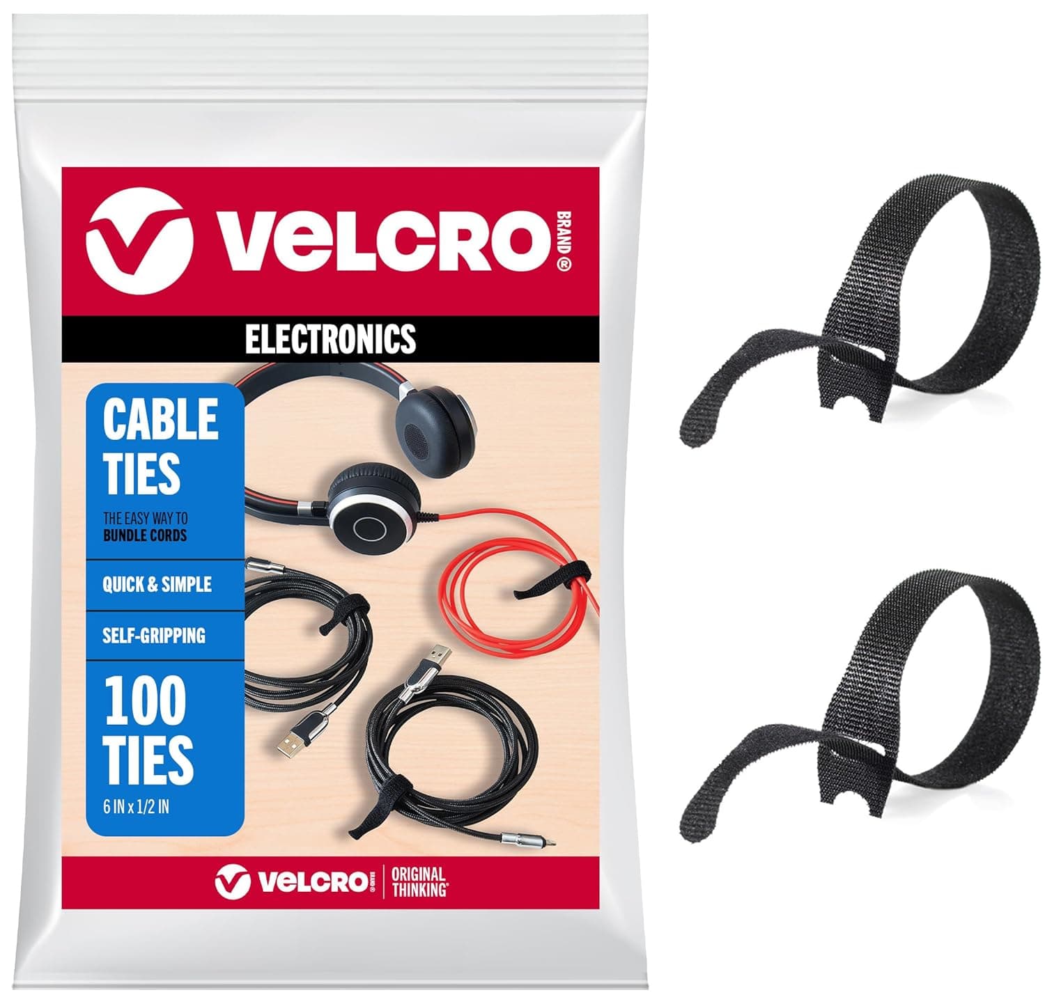 VELCRO Brand Reusable Cable Ties, 100-pack, 6 in, product photo from the listing