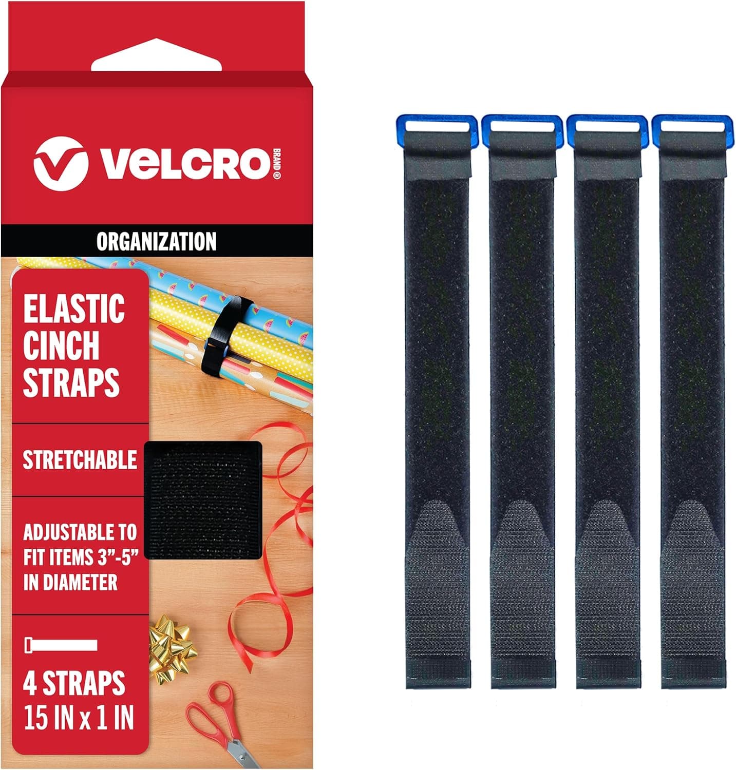 VELCRO Brand Elastic Cinch Straps, 15 x 1 in, 4-pack, product photo from the listing